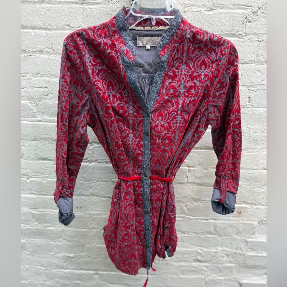 EUC Chic Red and Gray Women's tie blouse by French designer Tatienne EUC